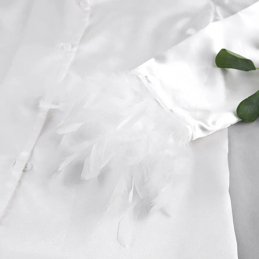 BKQU Pajamas Feathers Sleepwear Female 2 Piece Long Sleeve Turn Down Collar Tops Satin Casual Women Sets With Pants Autumn 2023