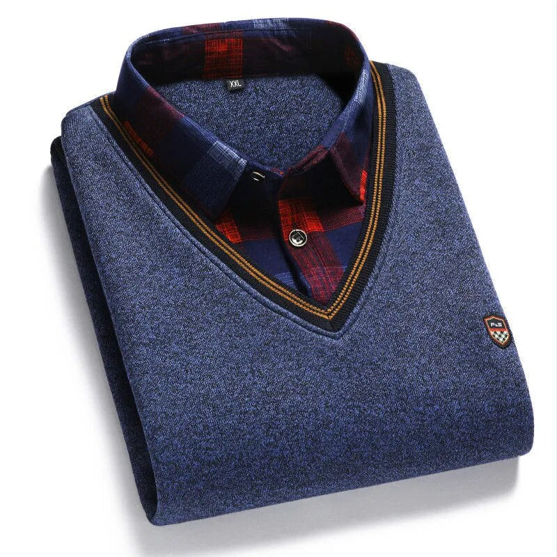 Autumn Winter Men's Long Sleeve Sweater Shirts Fake Two Pieces Pullovers Fleece Thick Shirt Knitted Casual Clothing 4XL