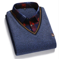Autumn Winter Men's Long Sleeve Sweater Shirts Fake Two Pieces Pullovers Fleece Thick Shirt Knitted Casual Clothing 4XL