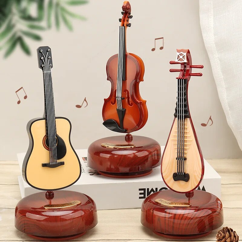 Rotating Music Box Guitar Violin Music Box Birthday Gift Girls Holiday Gift Living Room Creative Ornament Small Sculpture
