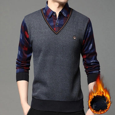 Autumn Winter Men's Long Sleeve Sweater Shirts Fake Two Pieces Pullovers Fleece Thick Shirt Knitted Casual Clothing 4XL