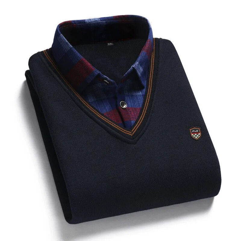 Autumn Winter Men's Long Sleeve Sweater Shirts Fake Two Pieces Pullovers Fleece Thick Shirt Knitted Casual Clothing 4XL