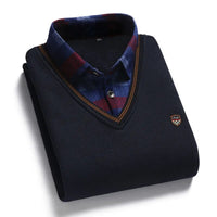 Autumn Winter Men's Long Sleeve Sweater Shirts Fake Two Pieces Pullovers Fleece Thick Shirt Knitted Casual Clothing 4XL