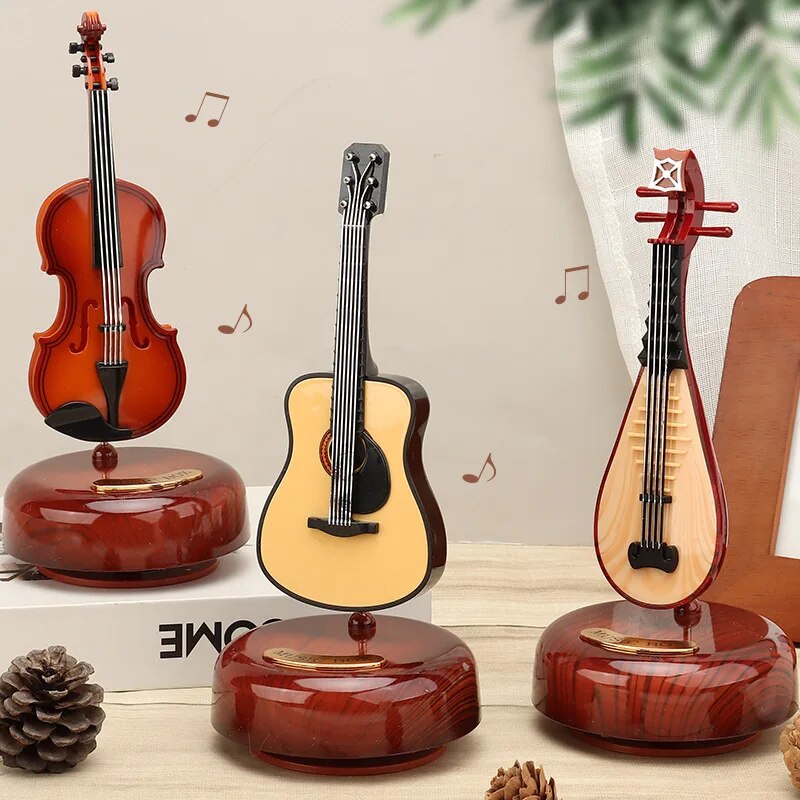 Rotating Music Box Guitar Violin Music Box Birthday Gift Girls Holiday Gift Living Room Creative Ornament Small Sculpture