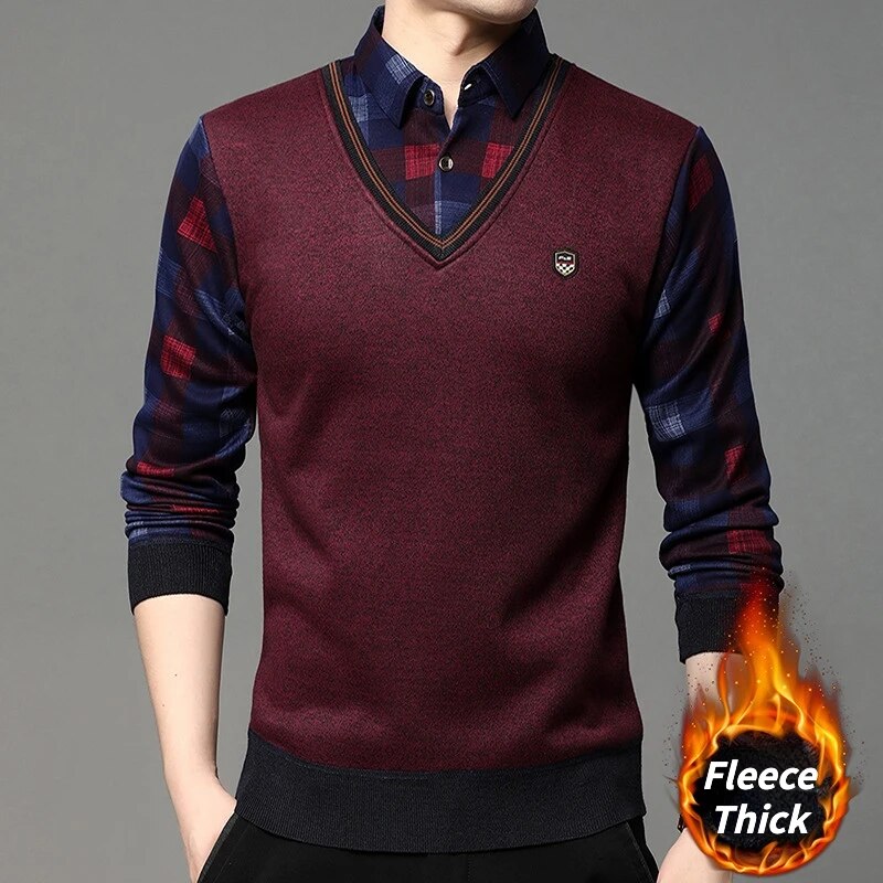 Autumn Winter Men's Long Sleeve Sweater Shirts Fake Two Pieces Pullovers Fleece Thick Shirt Knitted Casual Clothing 4XL
