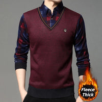 Autumn Winter Men's Long Sleeve Sweater Shirts Fake Two Pieces Pullovers Fleece Thick Shirt Knitted Casual Clothing 4XL