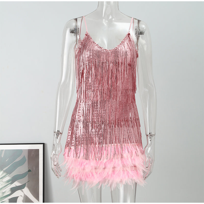 Sequins Tassel Feather Spaghetti Strap Dress
