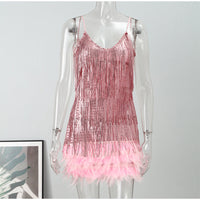 Sequins Tassel Feather Spaghetti Strap Dress