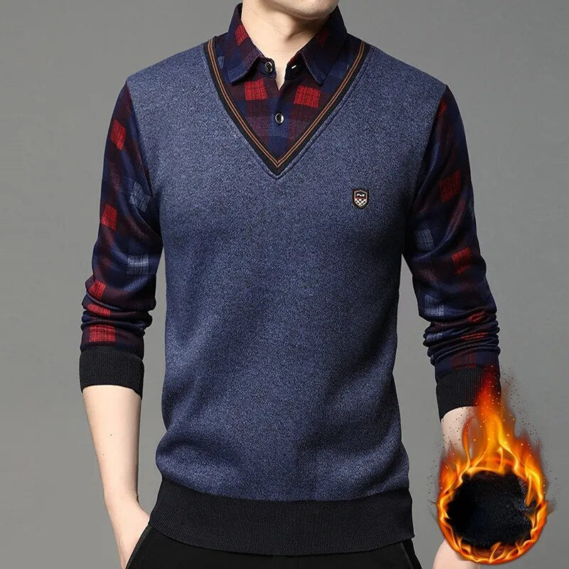 Autumn Winter Men's Long Sleeve Sweater Shirts Fake Two Pieces Pullovers Fleece Thick Shirt Knitted Casual Clothing 4XL