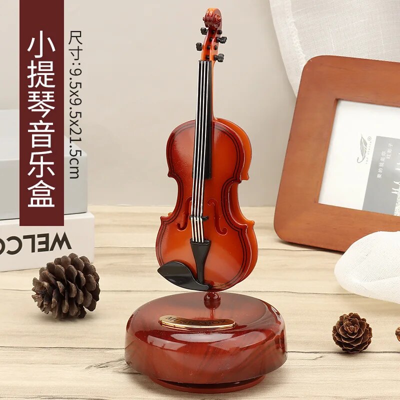 Rotating Music Box Guitar Violin Music Box Birthday Gift Girls Holiday Gift Living Room Creative Ornament Small Sculpture