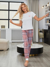 Women Pajamas Set Short Sleeve Chest Heart Print Tops & Pants Pullover Round Neck Plaid Trousers Sleepwear Soft Pj Lounge Suit
