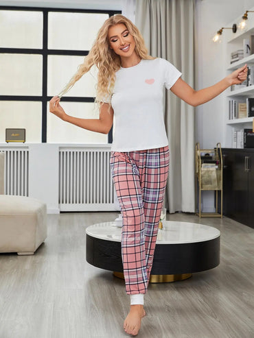 Women Pajamas Set Short Sleeve Chest Heart Print Tops & Pants Pullover Round Neck Plaid Trousers Sleepwear Soft Pj Lounge Suit