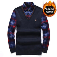 Autumn Winter Men's Long Sleeve Sweater Shirts Fake Two Pieces Pullovers Fleece Thick Shirt Knitted Casual Clothing 4XL