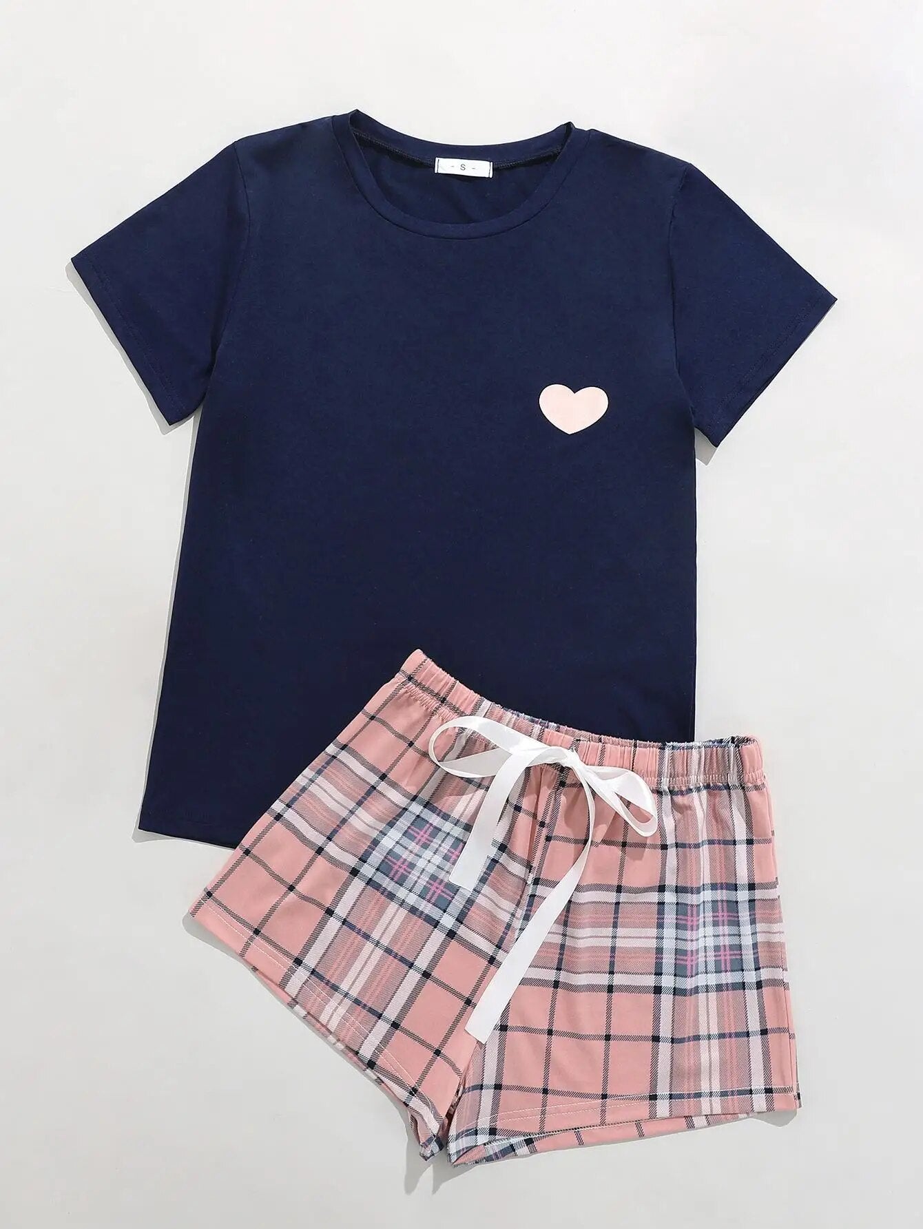 2 Pieces Women's Pajama Set Short Sleeve O Neck T-Shirt & Plaid Drawstring Pants Sleepwear Home Suit Cloth Hear Design Homewear
