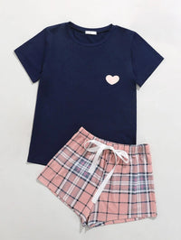 2 Pieces Women's Pajama Set Short Sleeve O Neck T-Shirt & Plaid Drawstring Pants Sleepwear Home Suit Cloth Hear Design Homewear