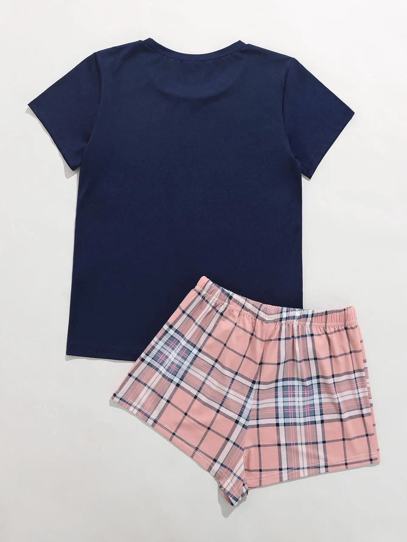 2 Pieces Women's Pajama Set Short Sleeve O Neck T-Shirt & Plaid Drawstring Pants Sleepwear Home Suit Cloth Hear Design Homewear