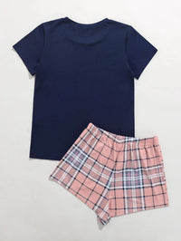 2 Pieces Women's Pajama Set Short Sleeve O Neck T-Shirt & Plaid Drawstring Pants Sleepwear Home Suit Cloth Hear Design Homewear