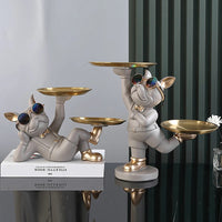 Lying Black French Bulldog Butler with Double Gold Metal Tray Dog Statues and Sculptures Room Decor Home Butler Statue Ornament