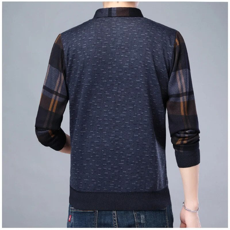Men's Long Sleeve Knit Sweaters Fake Two Piece Thick Pullover Sweater Turn Down Collar Bottoming Jumper Male Warm Tops