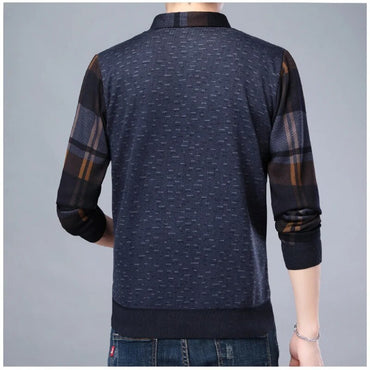 Men's Long Sleeve Knit Sweaters Fake Two Piece Thick Pullover Sweater Turn Down Collar Bottoming Jumper Male Warm Tops