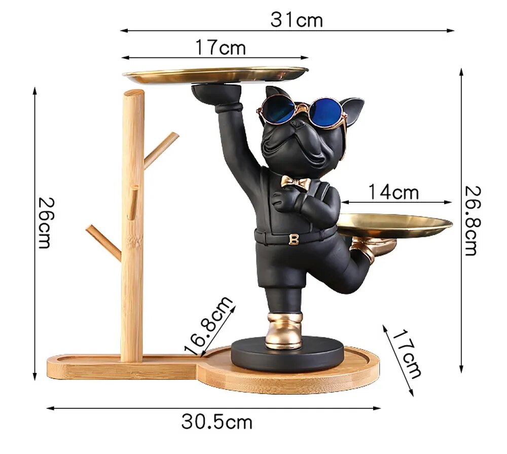 Lying Black French Bulldog Butler with Double Gold Metal Tray Dog Statues and Sculptures Room Decor Home Butler Statue Ornament