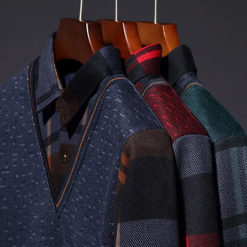 Men's Long Sleeve Knit Sweaters Fake Two Piece Thick Pullover Sweater Turn Down Collar Bottoming Jumper Male Warm Tops