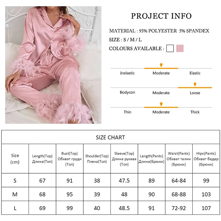 BKQU Pajamas Feathers Sleepwear Female 2 Piece Long Sleeve Turn Down Collar Tops Satin Casual Women Sets With Pants Autumn 2023