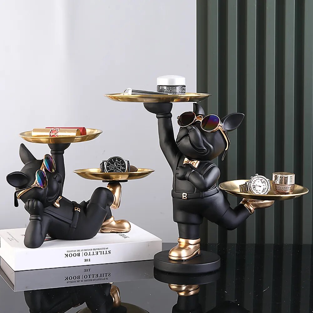 Lying Black French Bulldog Butler with Double Gold Metal Tray Dog Statues and Sculptures Room Decor Home Butler Statue Ornament