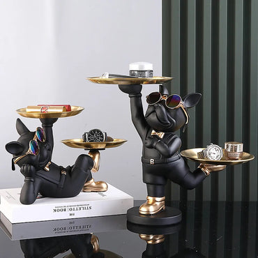 Lying Black French Bulldog Butler with Double Gold Metal Tray Dog Statues and Sculptures Room Decor Home Butler Statue Ornament
