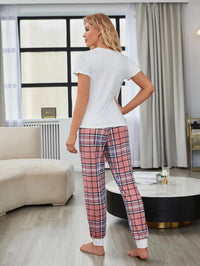 Women Pajamas Set Short Sleeve Chest Heart Print Tops & Pants Pullover Round Neck Plaid Trousers Sleepwear Soft Pj Lounge Suit