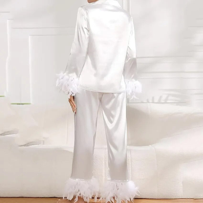 BKQU Pajamas Feathers Sleepwear Female 2 Piece Long Sleeve Turn Down Collar Tops Satin Casual Women Sets With Pants Autumn 2023