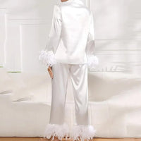 BKQU Pajamas Feathers Sleepwear Female 2 Piece Long Sleeve Turn Down Collar Tops Satin Casual Women Sets With Pants Autumn 2023