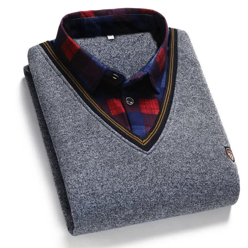 Autumn Winter Men's Long Sleeve Sweater Shirts Fake Two Pieces Pullovers Fleece Thick Shirt Knitted Casual Clothing 4XL