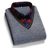 Autumn Winter Men's Long Sleeve Sweater Shirts Fake Two Pieces Pullovers Fleece Thick Shirt Knitted Casual Clothing 4XL