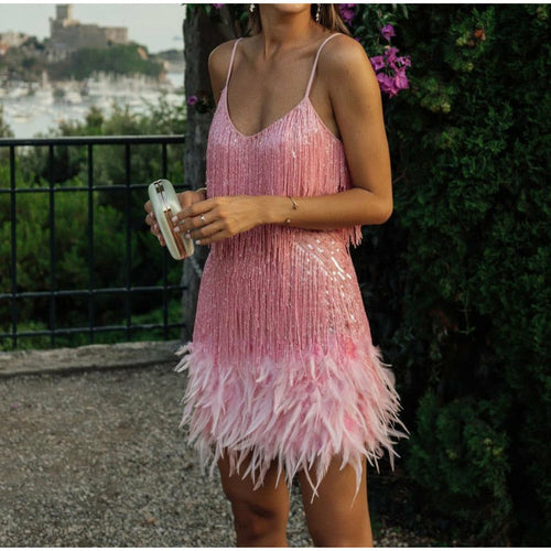 Sequins Tassel Feather Spaghetti Strap Dress