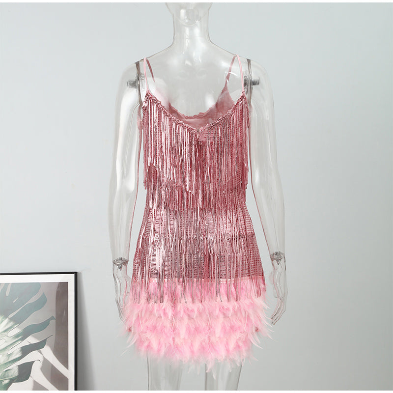 Sequins Tassel Feather Spaghetti Strap Dress