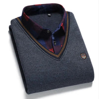 Autumn Winter Men's Long Sleeve Sweater Shirts Fake Two Pieces Pullovers Fleece Thick Shirt Knitted Casual Clothing 4XL