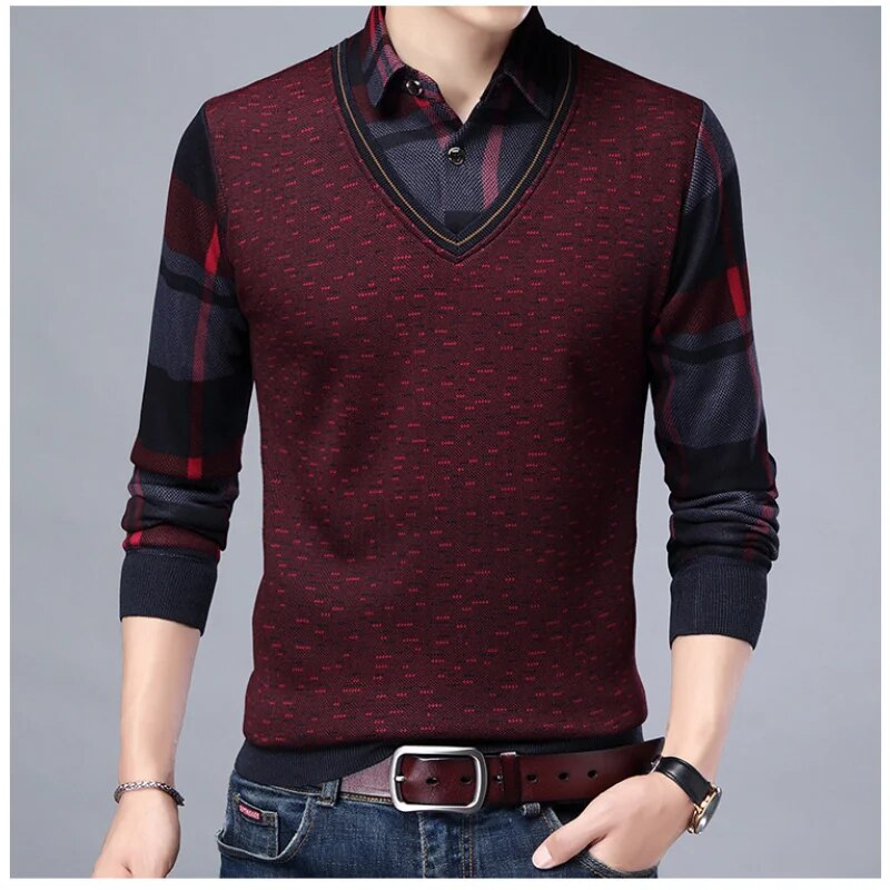 Men's Long Sleeve Knit Sweaters Fake Two Piece Thick Pullover Sweater Turn Down Collar Bottoming Jumper Male Warm Tops