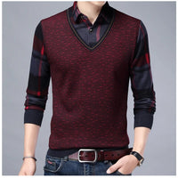 Men's Long Sleeve Knit Sweaters Fake Two Piece Thick Pullover Sweater Turn Down Collar Bottoming Jumper Male Warm Tops