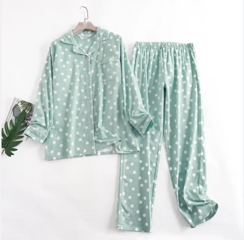 Cotton Flannel Trouser Pajamas Suit for Home Wear Simple Printed Loose Autumn and Winter Long Sleeve Pant Pajamas Women Sets
