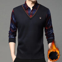 Autumn Winter Men's Long Sleeve Sweater Shirts Fake Two Pieces Pullovers Fleece Thick Shirt Knitted Casual Clothing 4XL