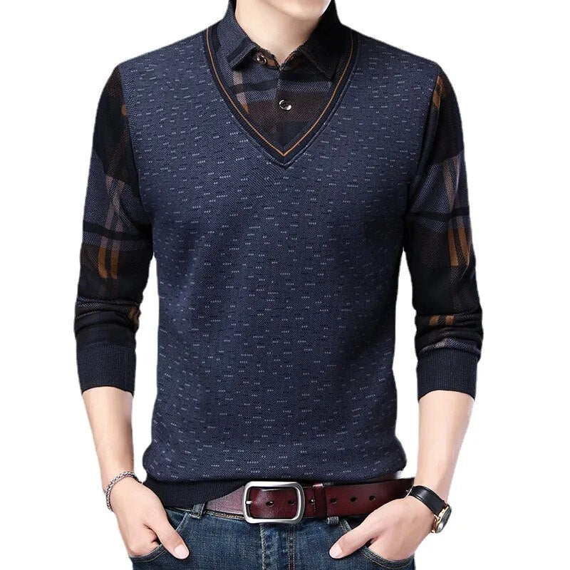 Men's Long Sleeve Knit Sweaters Fake Two Piece Thick Pullover Sweater Turn Down Collar Bottoming Jumper Male Warm Tops