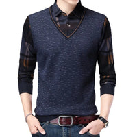 Men's Long Sleeve Knit Sweaters Fake Two Piece Thick Pullover Sweater Turn Down Collar Bottoming Jumper Male Warm Tops