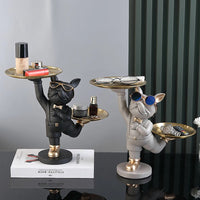 Lying Black French Bulldog Butler with Double Gold Metal Tray Dog Statues and Sculptures Room Decor Home Butler Statue Ornament
