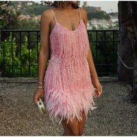 Sequins Tassel Feather Spaghetti Strap Dress