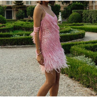 Sequins Tassel Feather Spaghetti Strap Dress