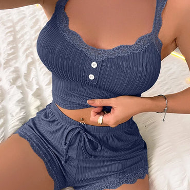 Women's Pijama Lace Pajama Sets Strap Sleeveless Sleepwear 2 Pieces Short Lingerie Female Night Wear Sexy Home Clothes Panties