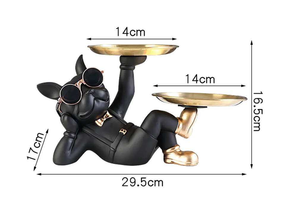 Lying Black French Bulldog Butler with Double Gold Metal Tray Dog Statues and Sculptures Room Decor Home Butler Statue Ornament