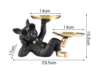 Lying Black French Bulldog Butler with Double Gold Metal Tray Dog Statues and Sculptures Room Decor Home Butler Statue Ornament
