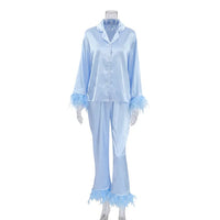 BKQU Pajamas Feathers Sleepwear Female 2 Piece Long Sleeve Turn Down Collar Tops Satin Casual Women Sets With Pants Autumn 2023